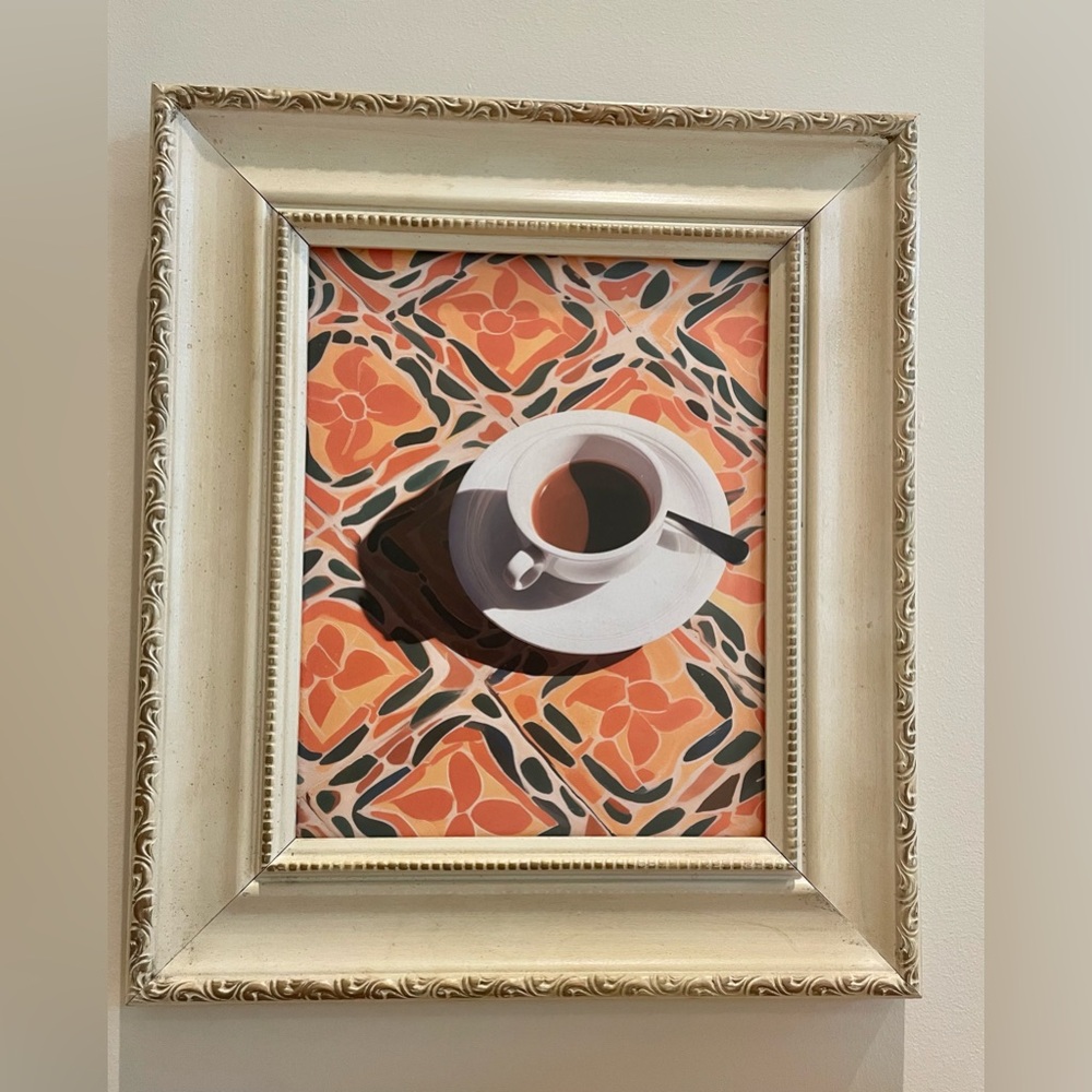 Vintage cream wall frame with Moroccan coffee art 14.5” by 12.5”